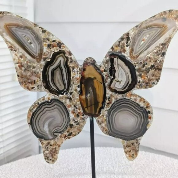 Maripose Sliced Agate Stone Butterfly on Stand Display - 12" - Picture 2 of 6
